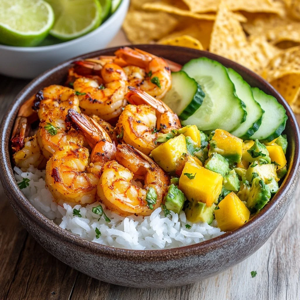 Chili Lime Shrimp served with vibrant Mango-Avocado Salsa on a plate