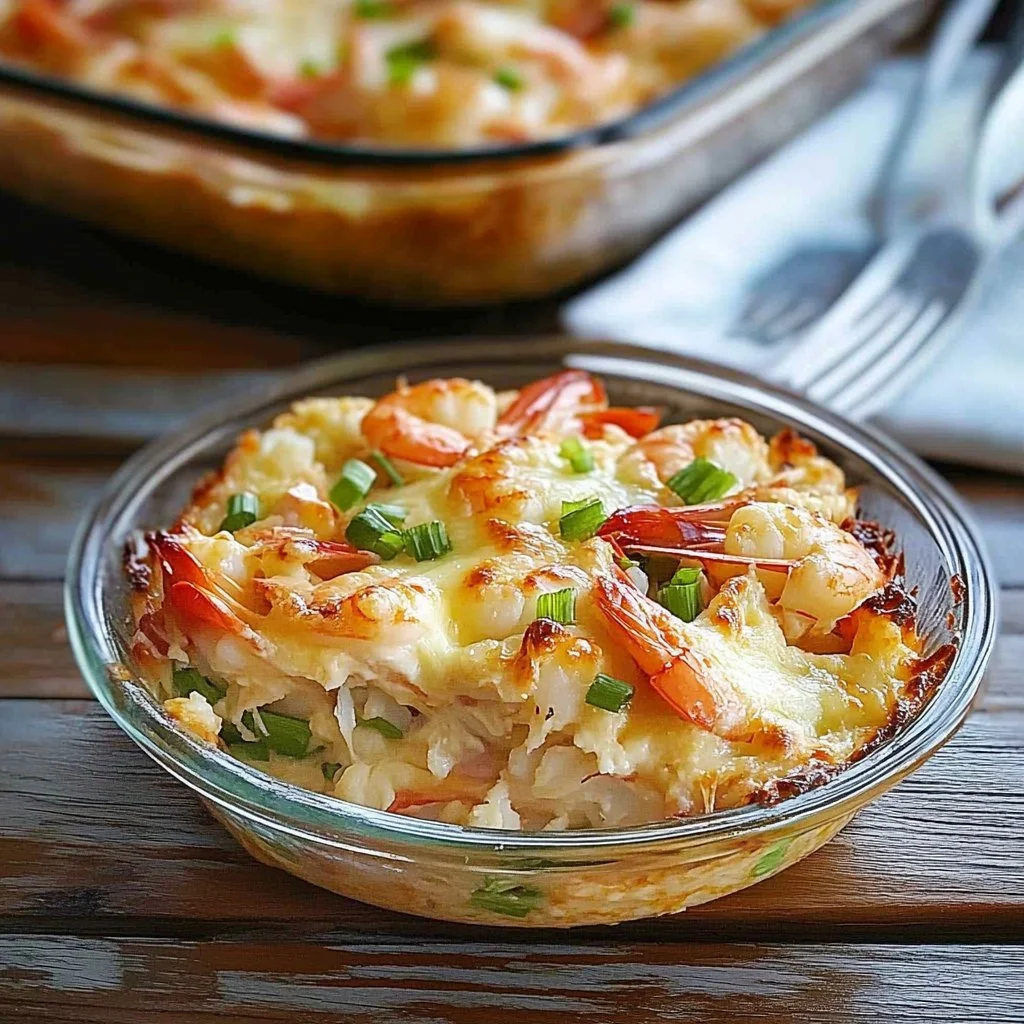Delicious Chinese baked lobster and crab casserole served in a ceramic dish