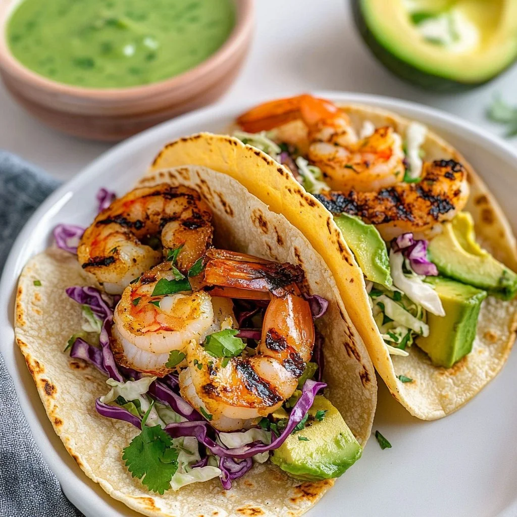Cilantro lime shrimp tacos served with fresh toppings and lime wedges