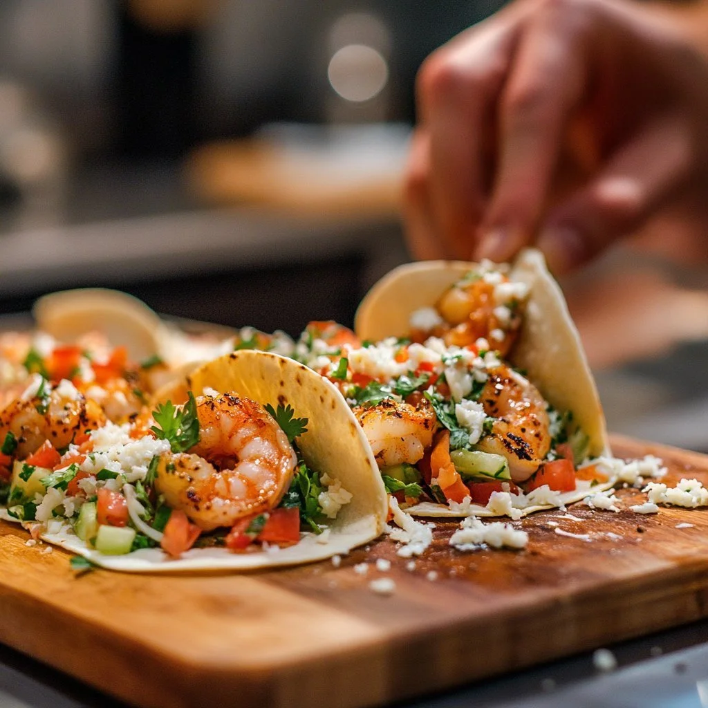 Cilantro lime shrimp tacos served with fresh toppings