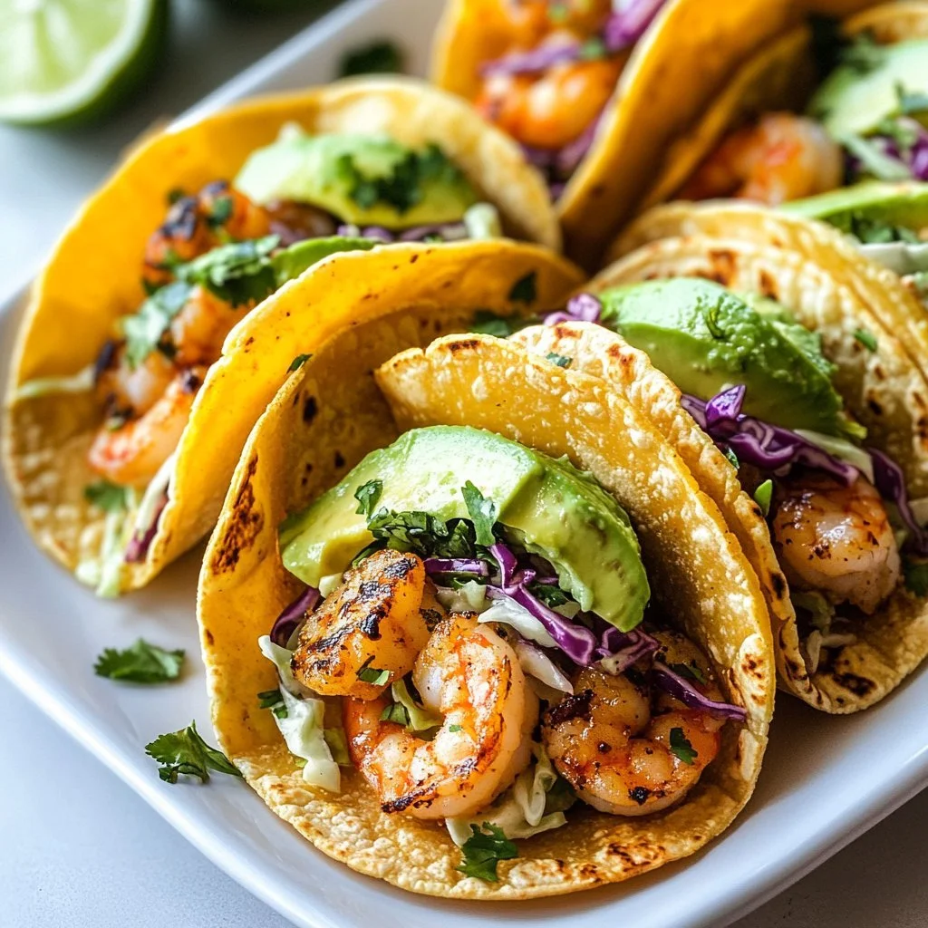 Cilantro lime shrimp tacos garnished with creamy slaw on a plate