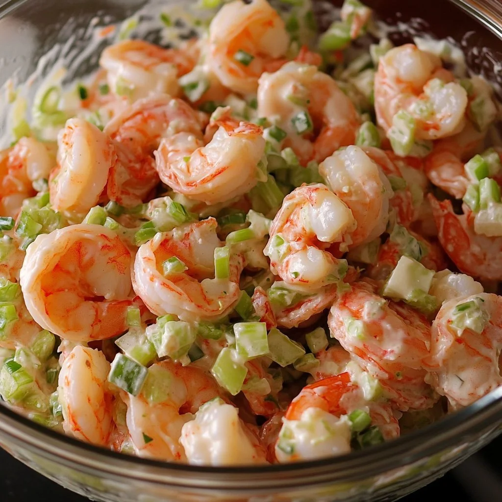 Classic shrimp salad with fresh vegetables and dressing