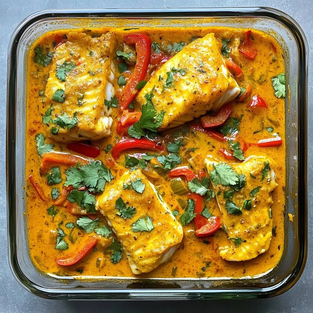 Baked coconut curry cod with vibrant vegetables in a creamy sauce