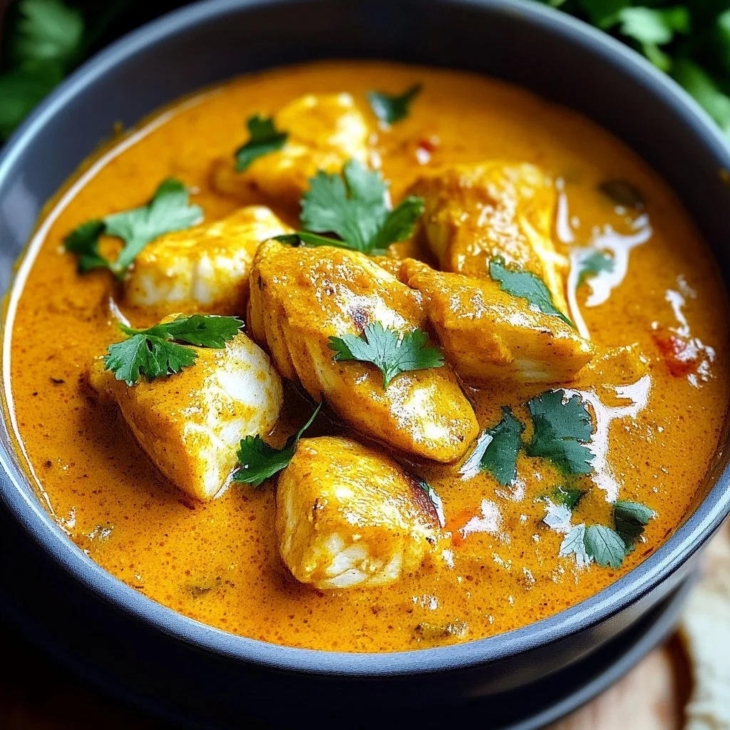Delicious Coconut Fish Curry served in a bowl with fresh herbs.