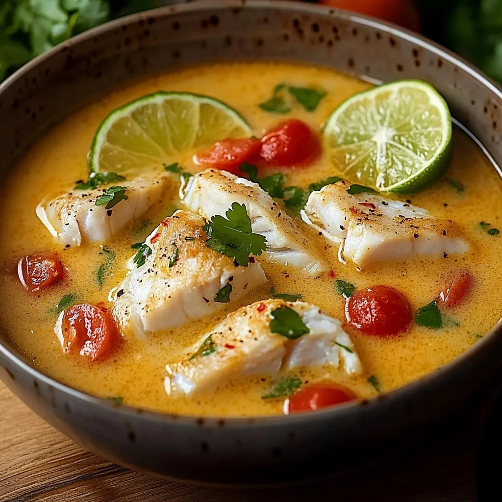 Bowl of Coconut Lime Fish Soup with fresh herbs and lime slices