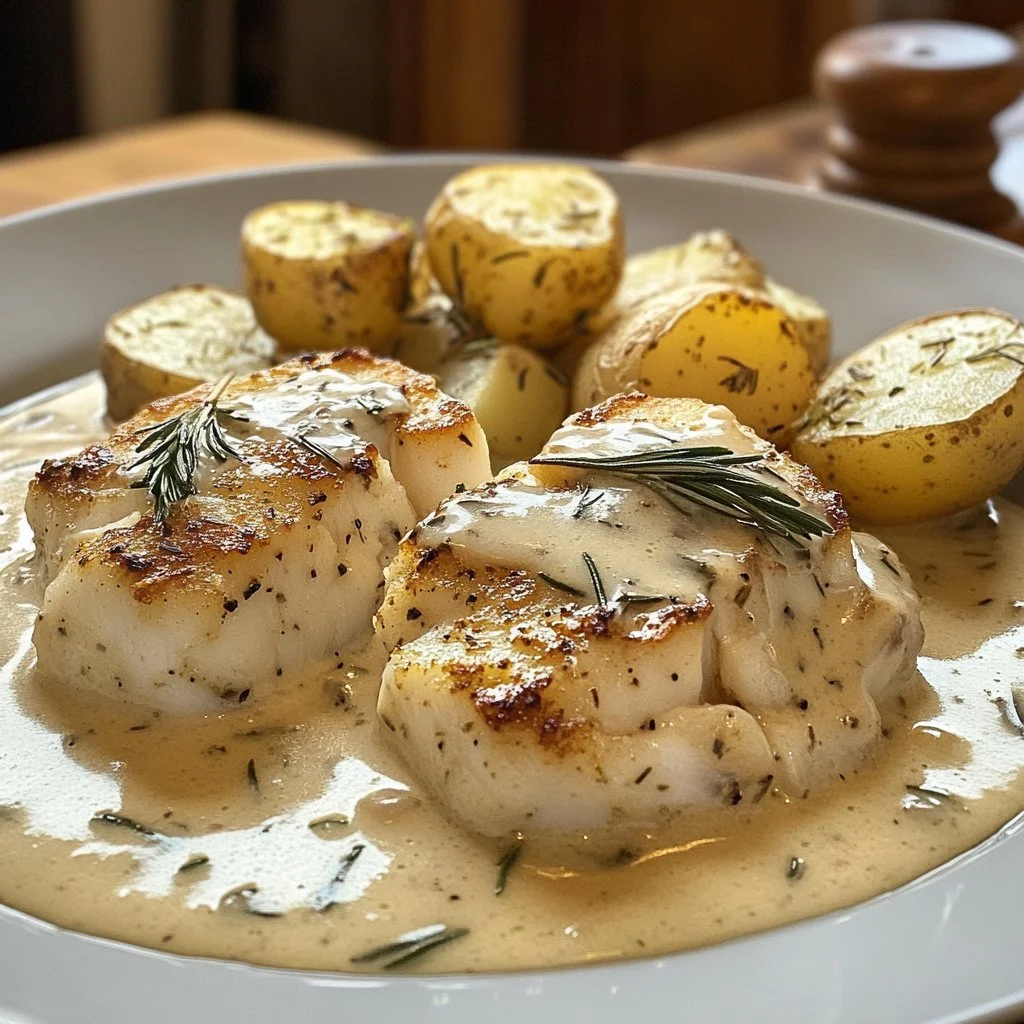 Dish of Cod & Potatoes in Rosemary Cream Sauce garnished with fresh rosemary