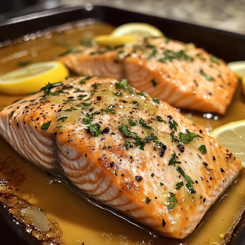 A beautifully cooked salmon fillet garnished with herbs and lemon slices