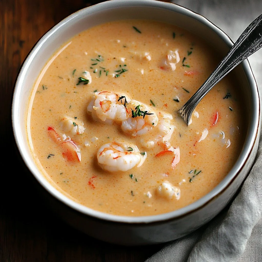 Delicious crab and shrimp seafood bisque served in a bowl
