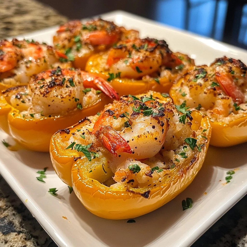 Crab and shrimp stuffed bell peppers garnished with herbs