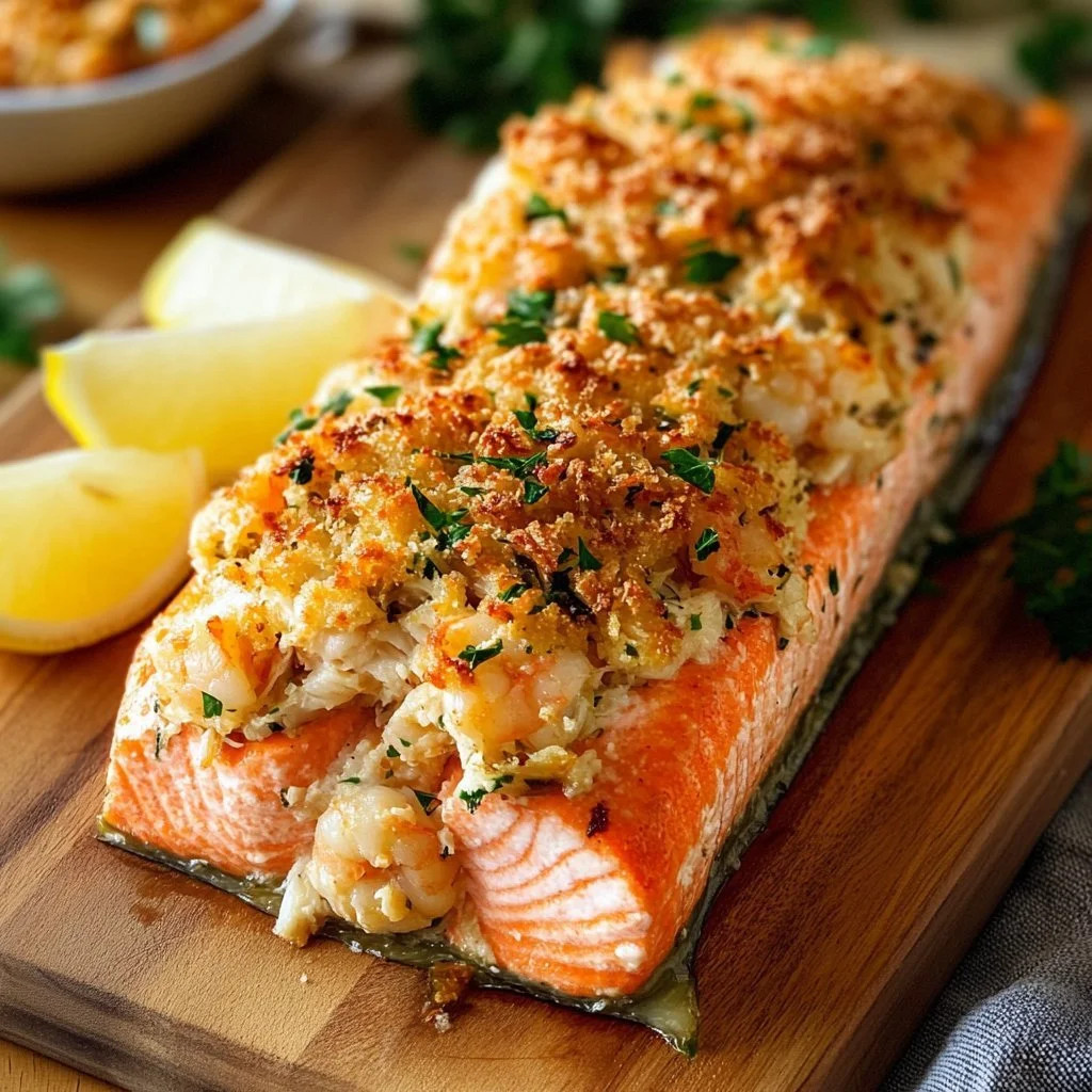 Plate of crab and shrimp stuffed salmon garnished with lemon and herbs.