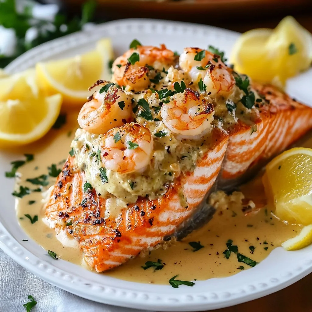 Crab and shrimp stuffed salmon dish garnished with herbs