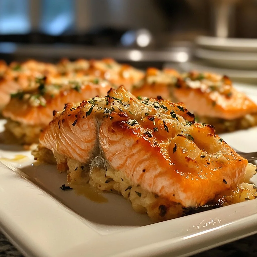 Crab and shrimp stuffed salmon garnished with herbs on a plate