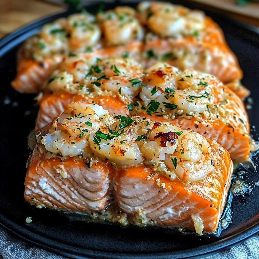 Crab and shrimp stuffed salmon dish garnished with herbs
