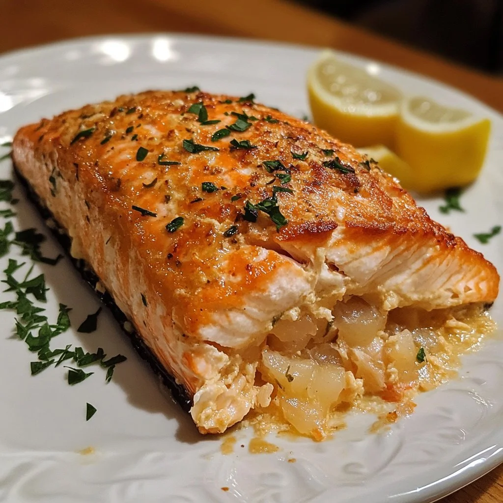 Crab and shrimp stuffed salmon served on a plate with garnish.
