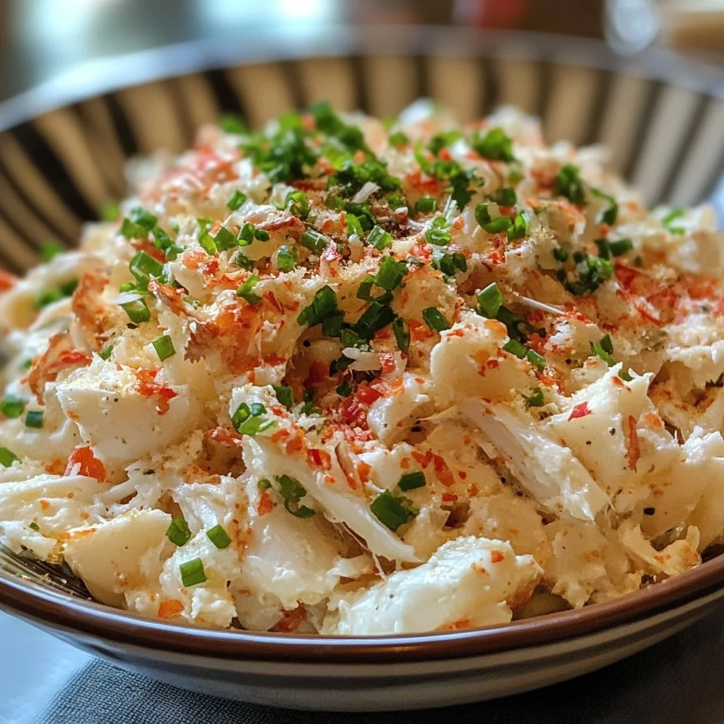 A refreshing crab salad served in a bowl with fresh vegetables and herbs.
