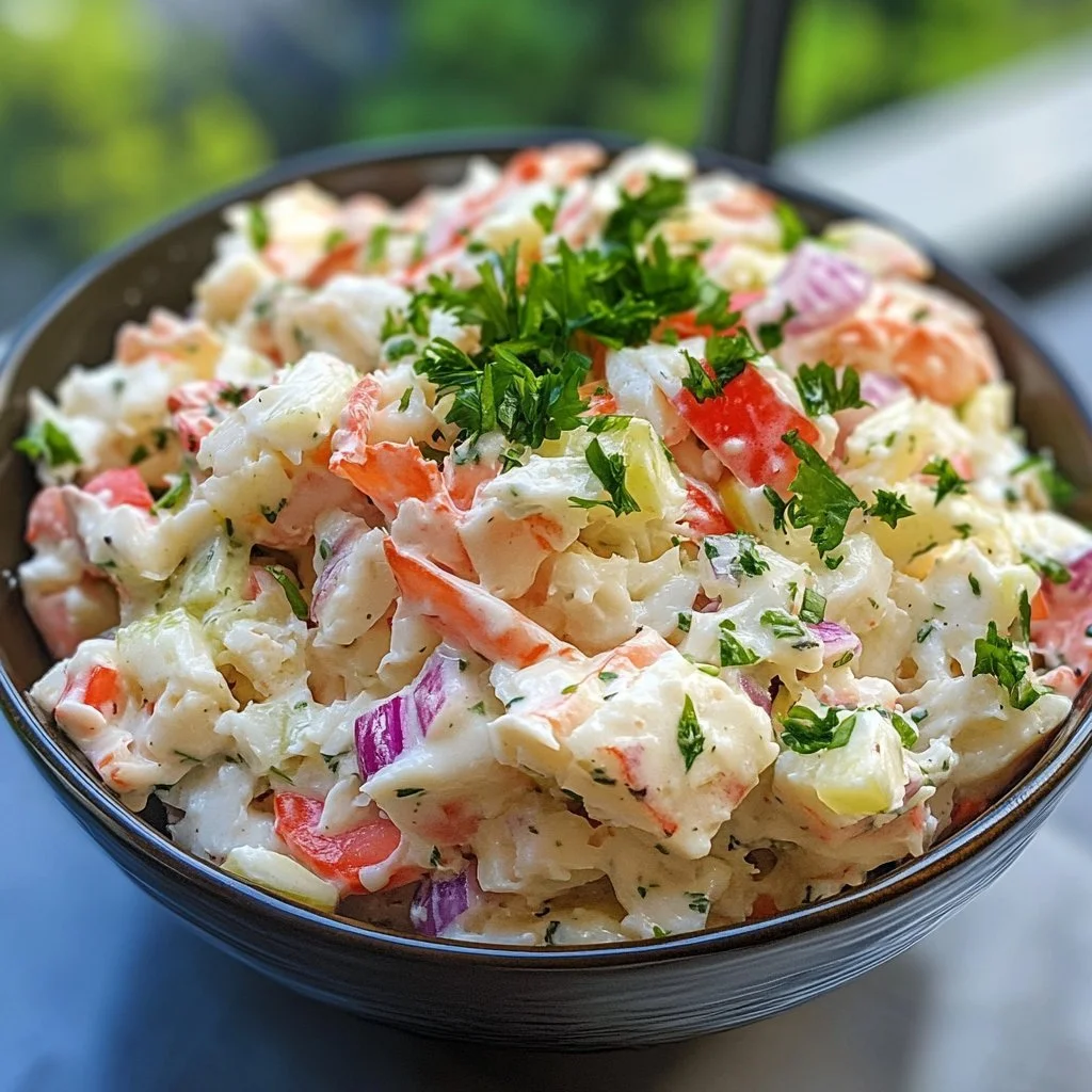 A delicious crab salad garnished with fresh vegetables and herbs.