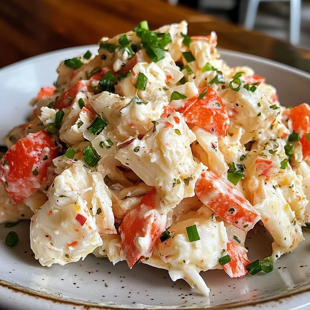 Fresh crab salad garnished with vegetables and herbs