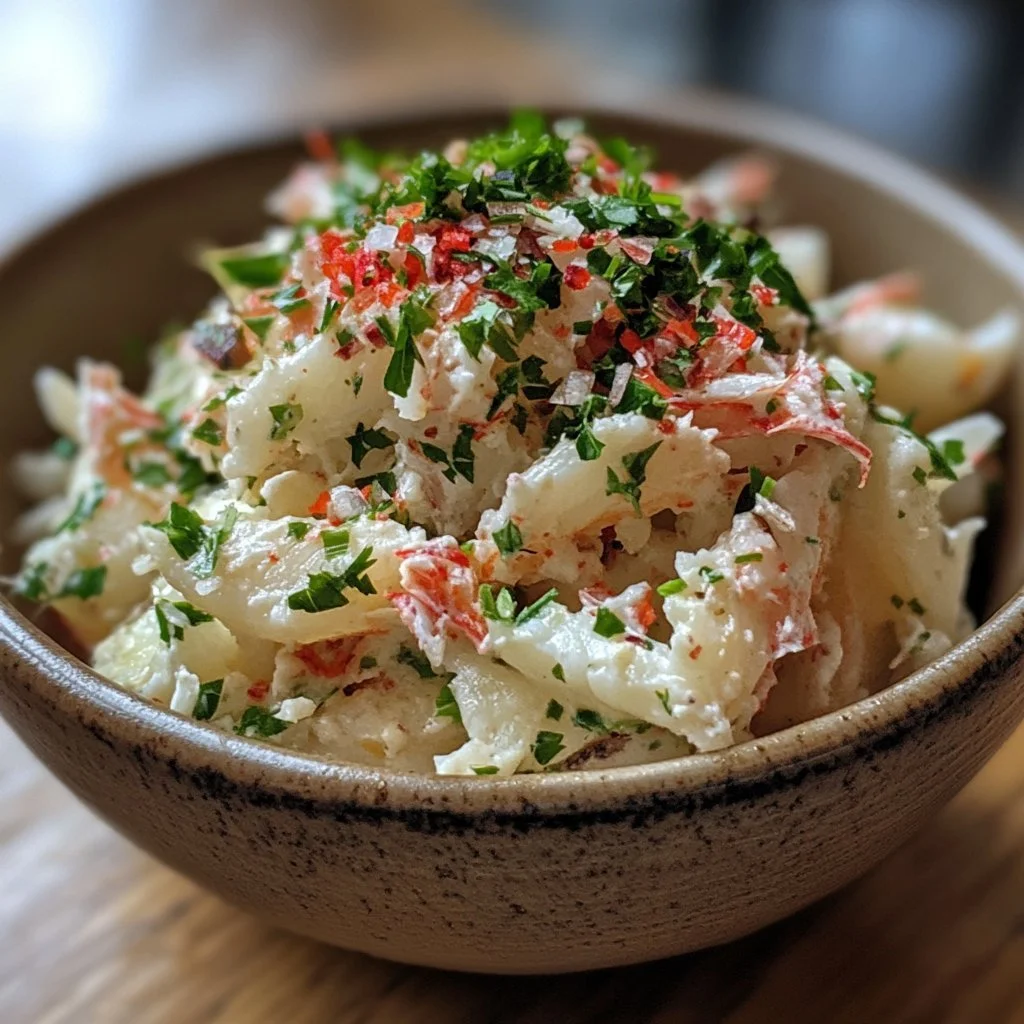 Delicious homemade crab salad garnished with fresh herbs on a plate.
