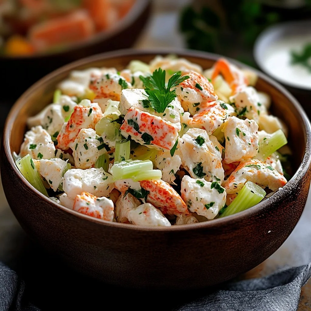 Delicious Crab Seafood Salad garnished with herbs and vegetables