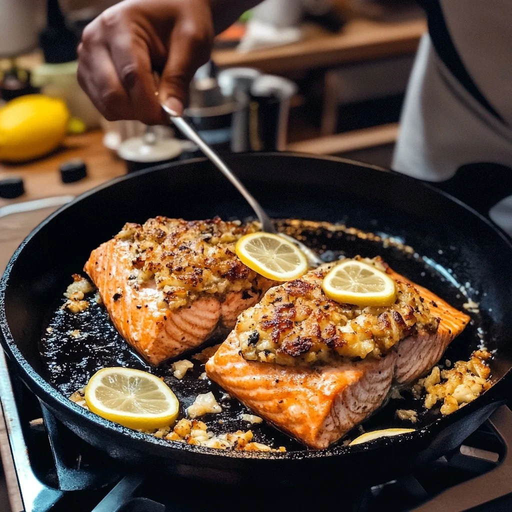 Delicious crab stuffed salmon dish served with lemon and herbs