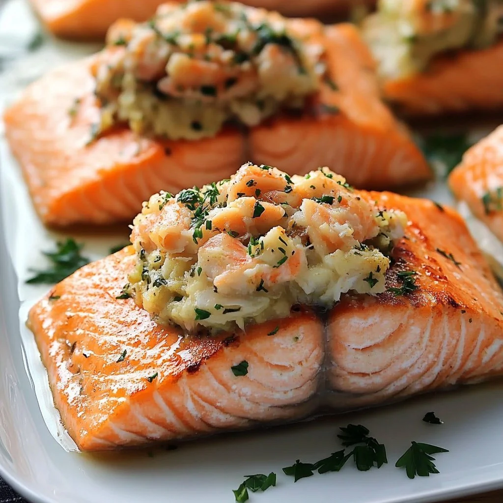 Delicious Crab-Stuffed Salmon served with a garnish of fresh herbs.