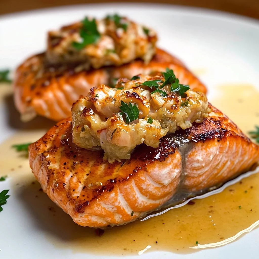 Delicious crab stuffed salmon plated with garnishes