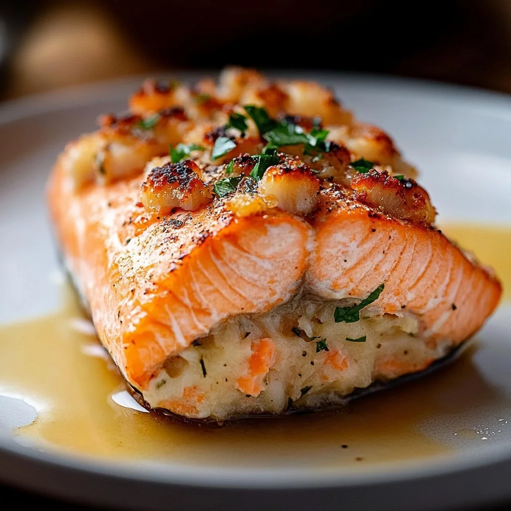 Delicious crab-stuffed salmon fillet garnished with herbs and lemon slices.