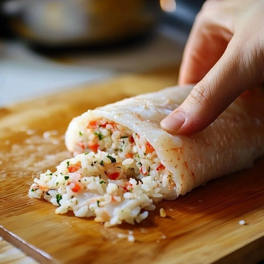 A delicious plate of crab stuffed whitefish garnished with herbs.