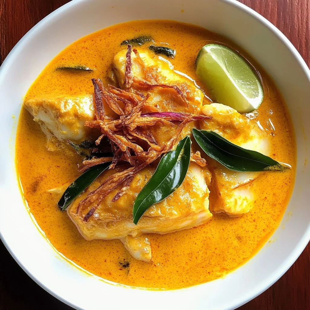 Creamy Coconut Indonesian Fish Curry served in a bowl with herbs