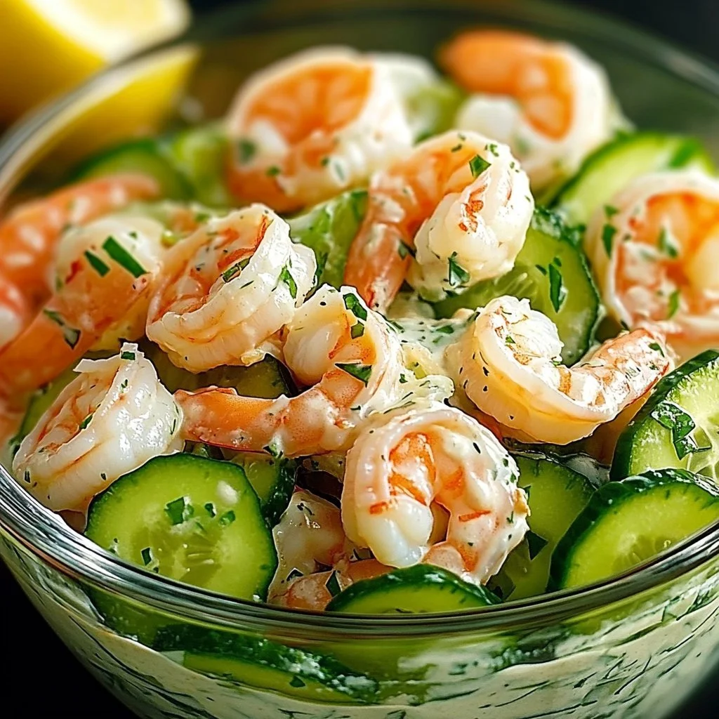 Creamy cucumber shrimp salad with fresh ingredients served in a bowl