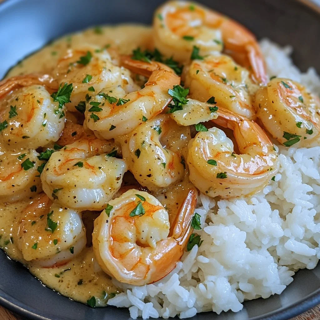 Creamy garlic butter shrimp served on rice, a delicious seafood dish.