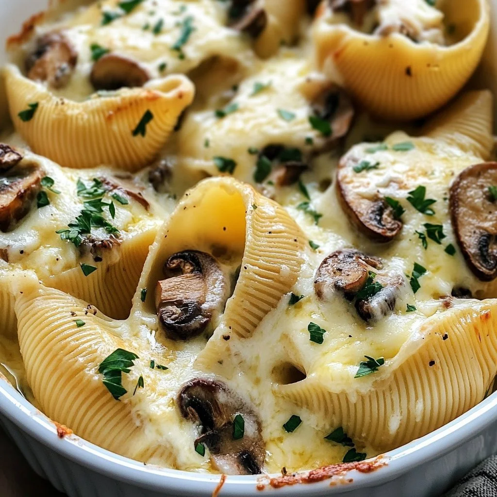 Creamy garlic mushroom stuffed shells on a plate, garnished with herbs