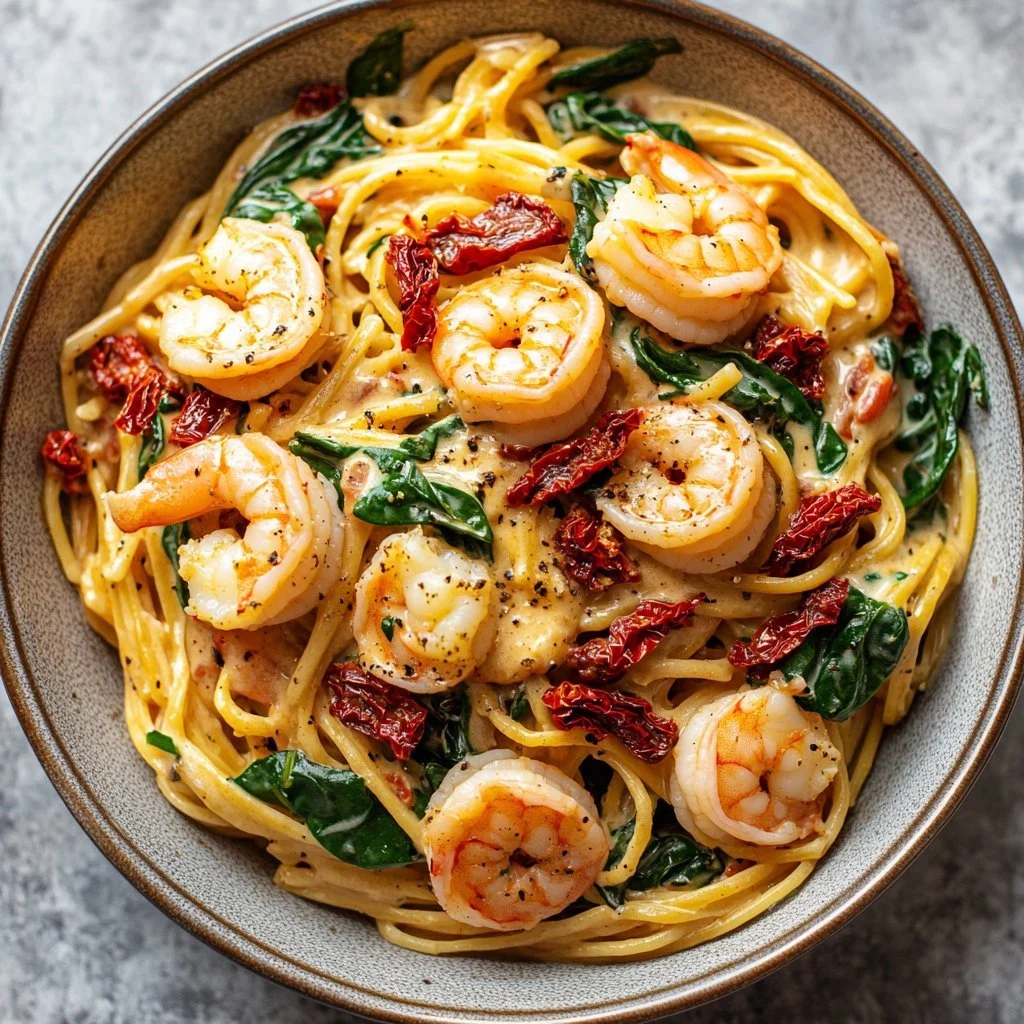 Creamy Tuscan shrimp linguine garnished with parsley and cherry tomatoes