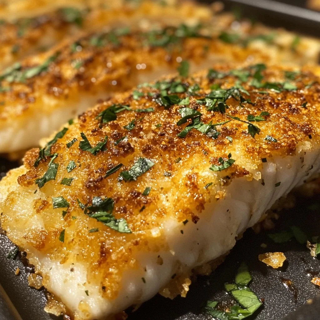 Crispy baked fish served with fresh herbs and lemon