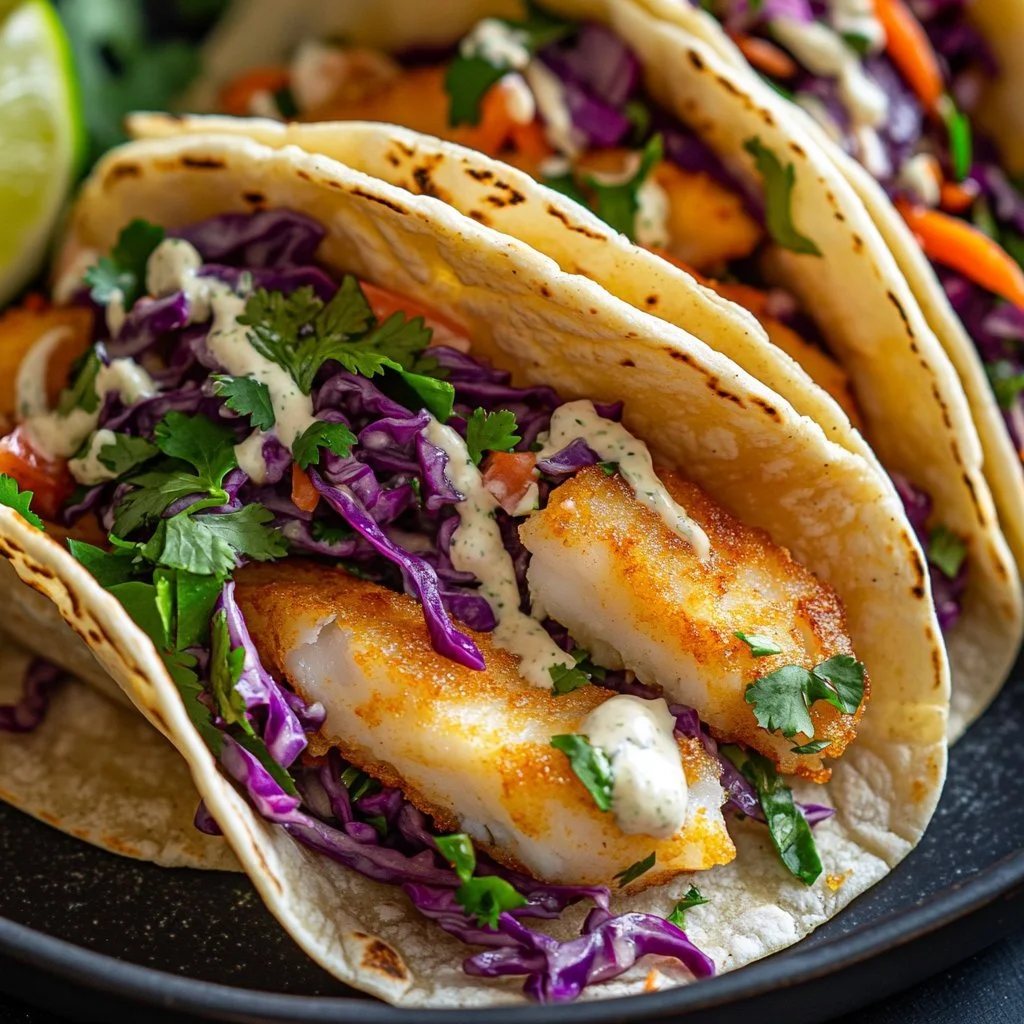 Crispy fish tacos with slaw and lime crema served on a plate