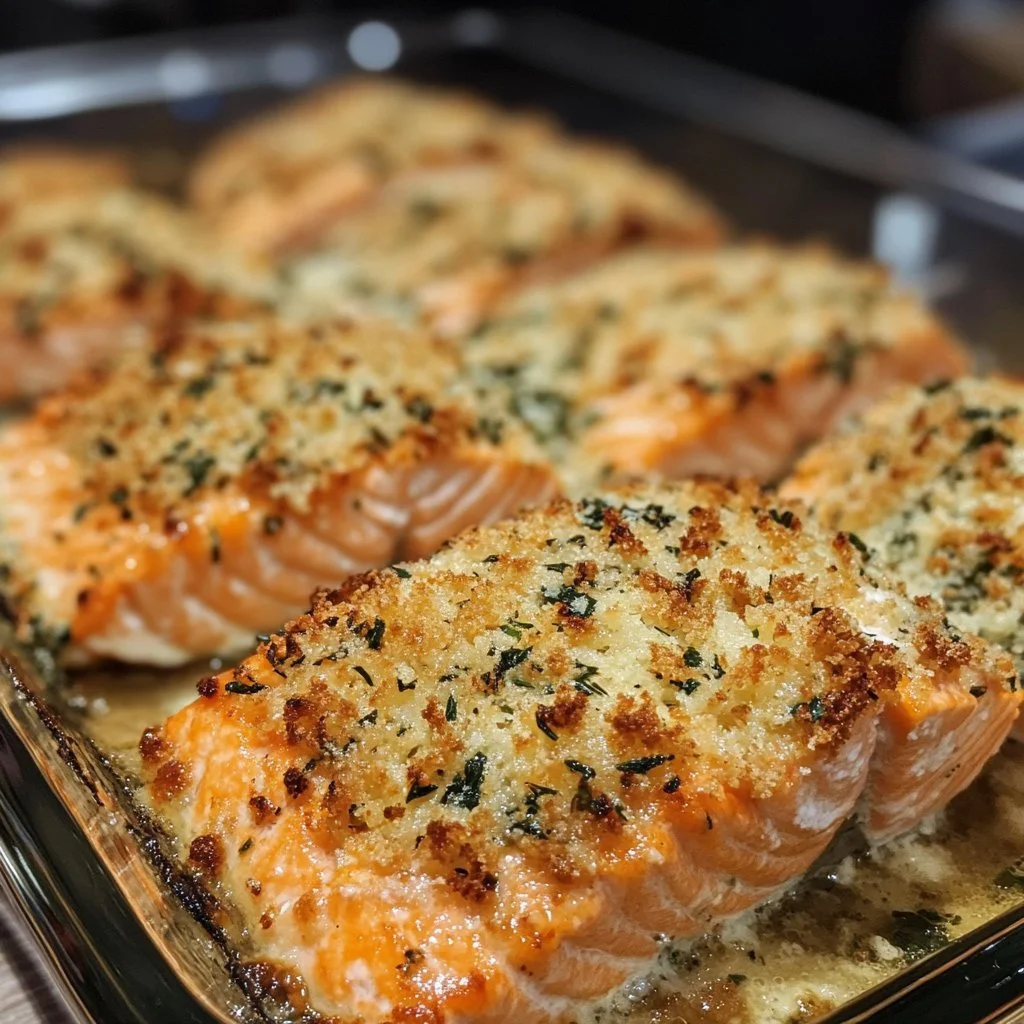 Crispy Parmesan Salmon Bake served with fresh herbs on a plate