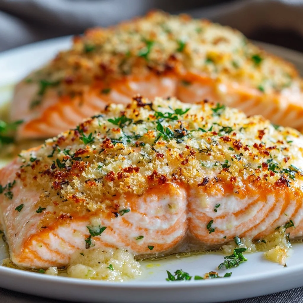 Crispy Parmesan salmon bake served on a plate with green garnish
