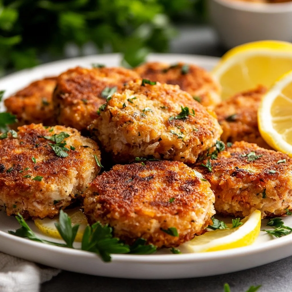 Crispy tuna cakes garnished with fresh herbs and served with dipping sauce.