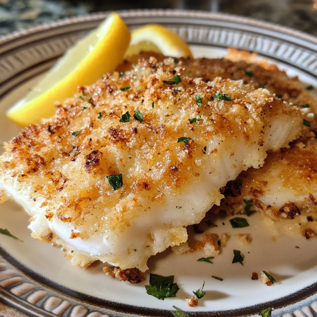 Plate of crunchy Parmesan Crusted Fish with lemon garnish and fresh herbs