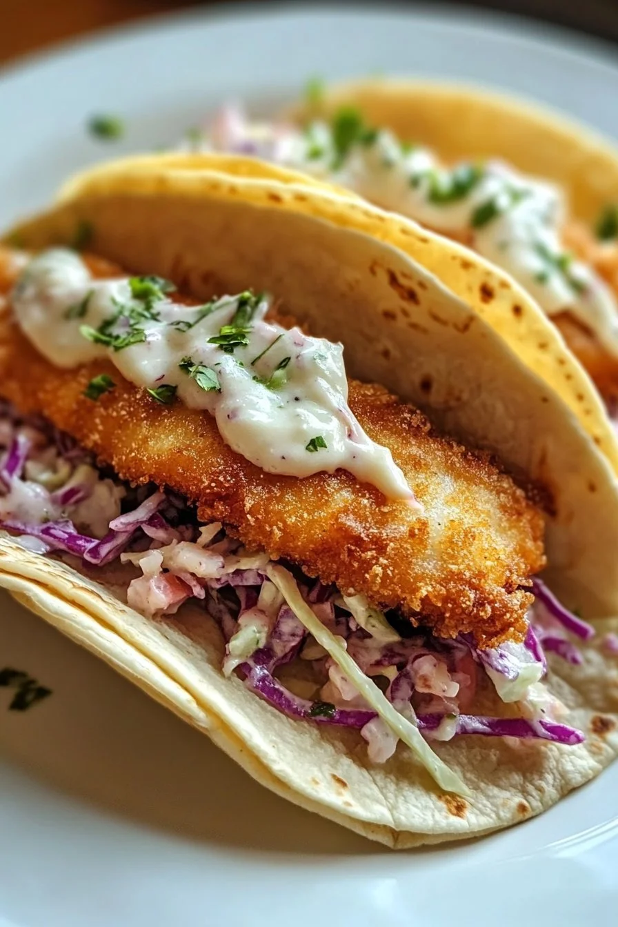 Crispy Fish Tacos with Slaw and Lime Crema