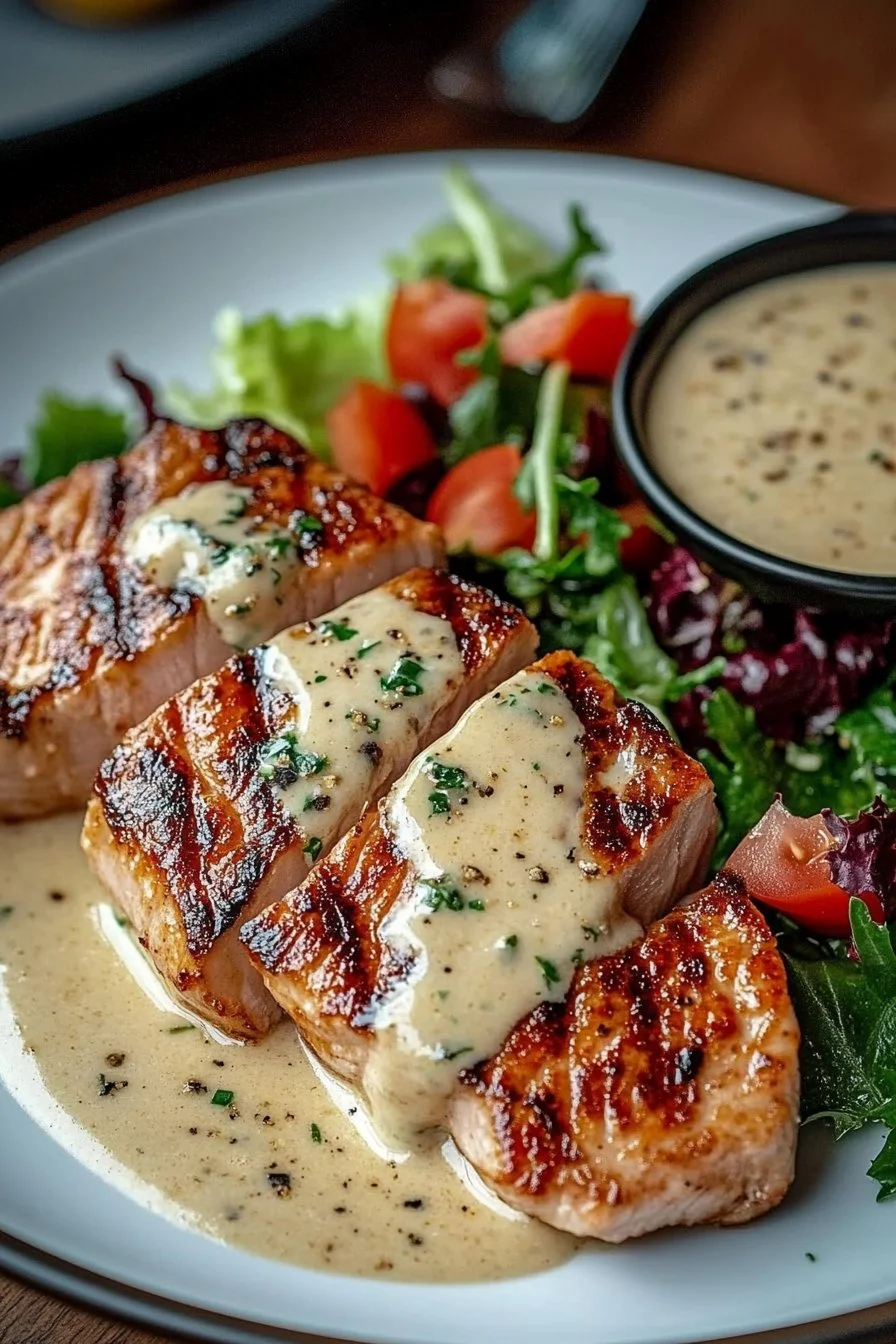 Tuna Steaks with Creamy Garlic Sauce & Salad