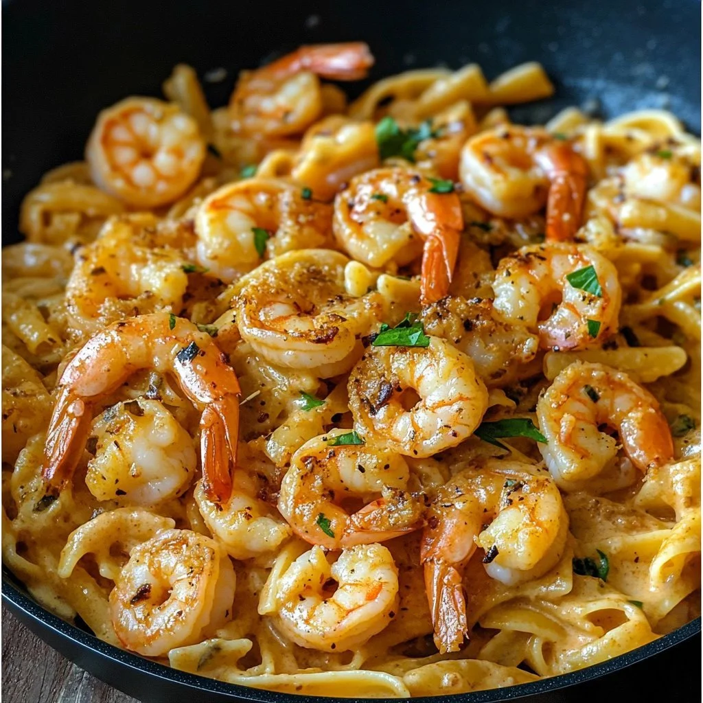 Delicious plate of Easy Bang Bang Shrimp Pasta topped with herbs