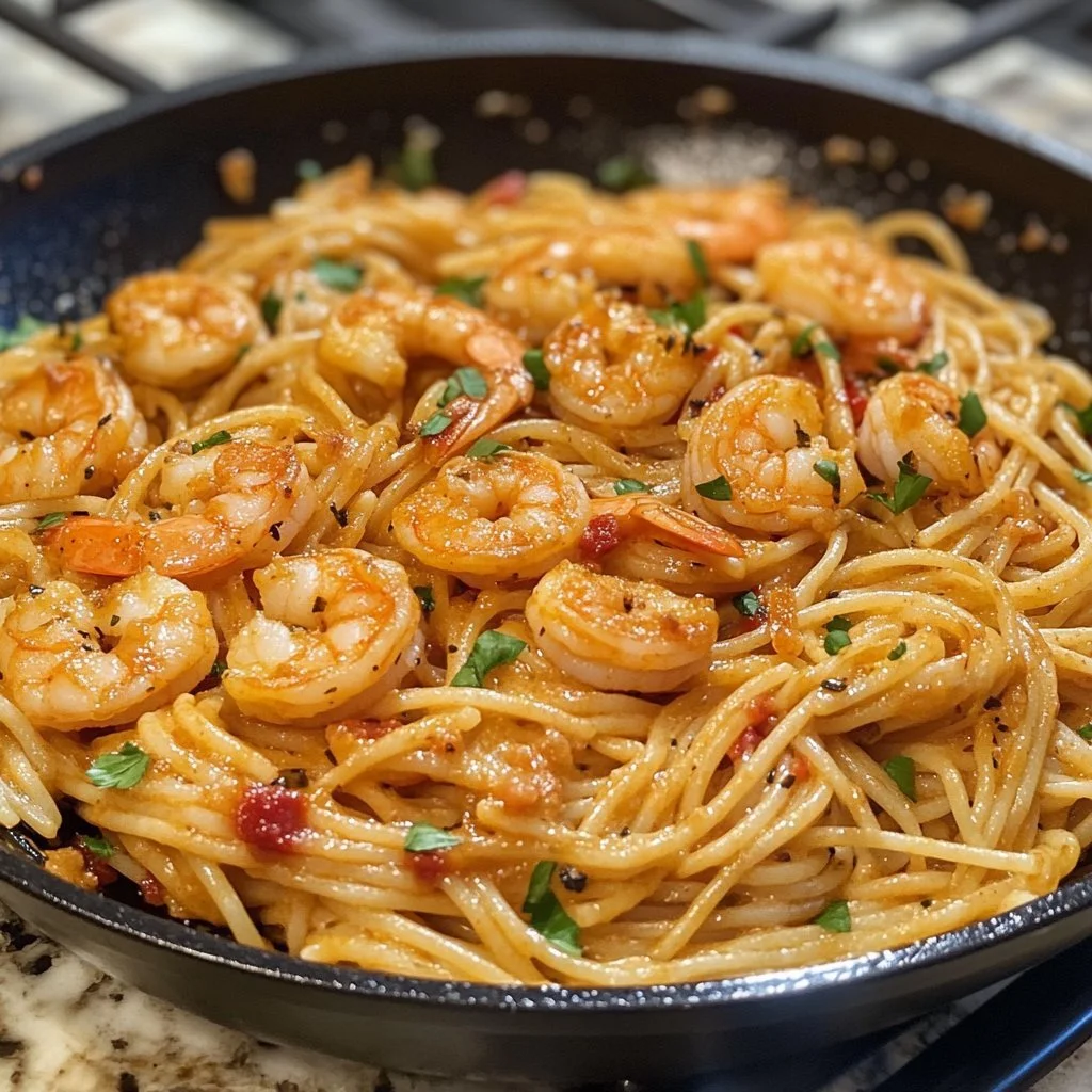 Plate of easy Bang Bang Shrimp pasta garnished with herbs