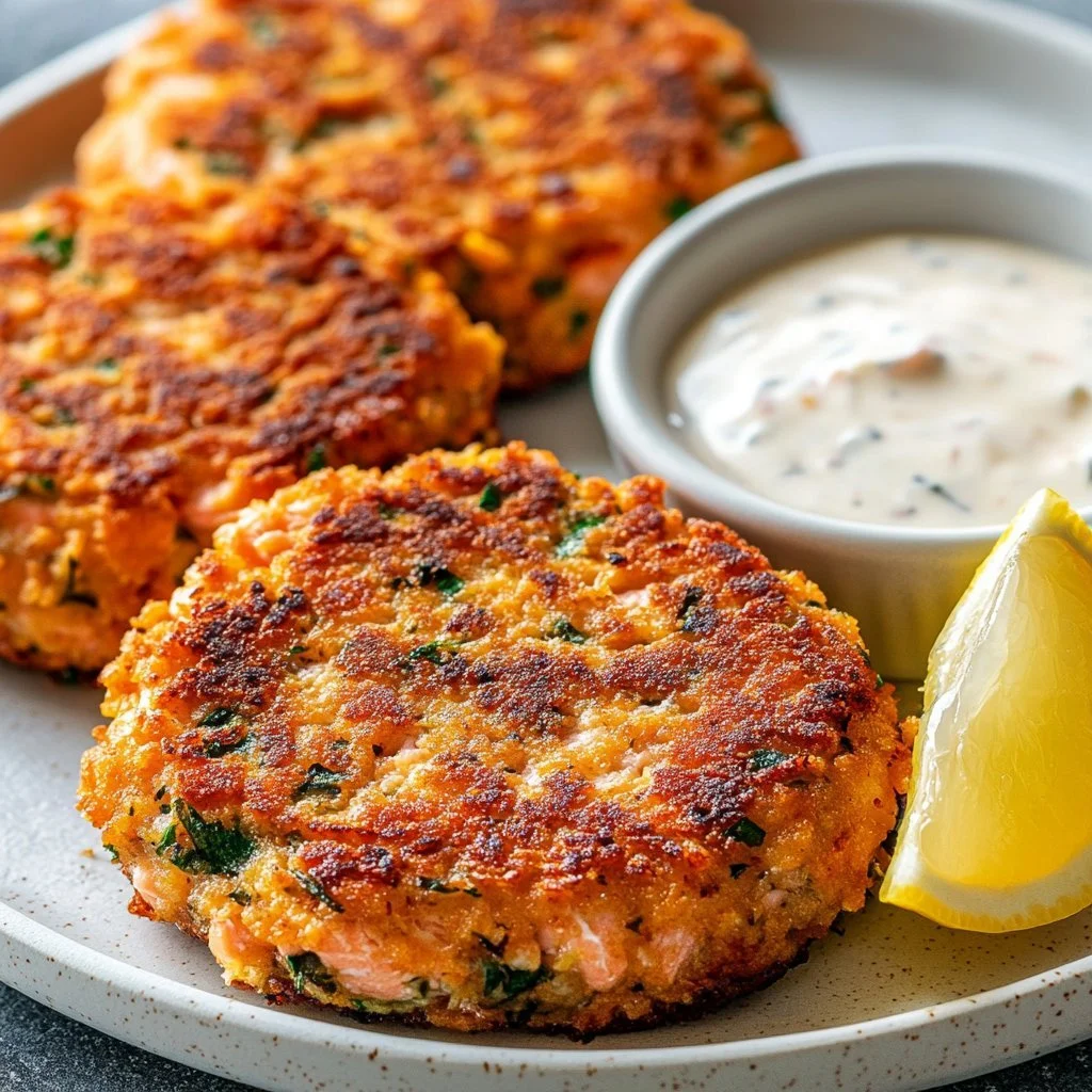 Easy canned salmon patties served on a plate with garnishes.
