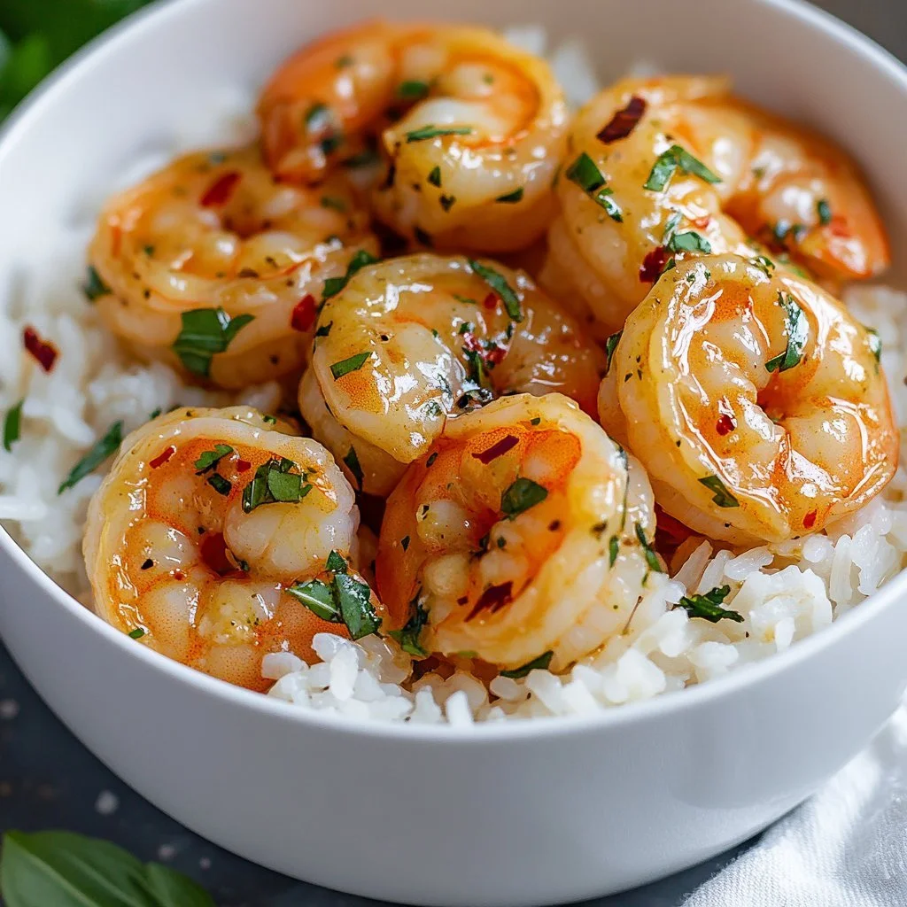 Plate of creamy garlic shrimp served with herbs and vegetables.