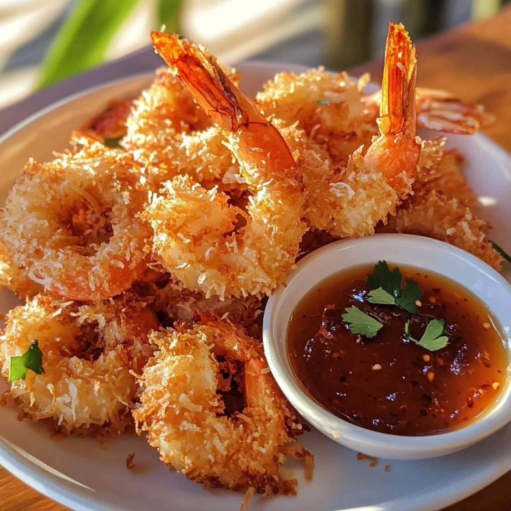 Bowl of easy crispy coconut shrimp served with dipping sauce