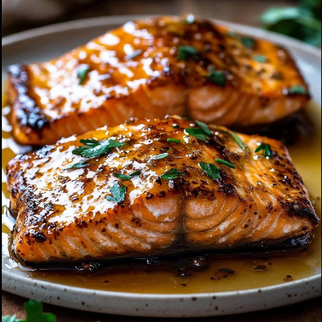 Crispy honey garlic glazed salmon served with vegetables on a plate