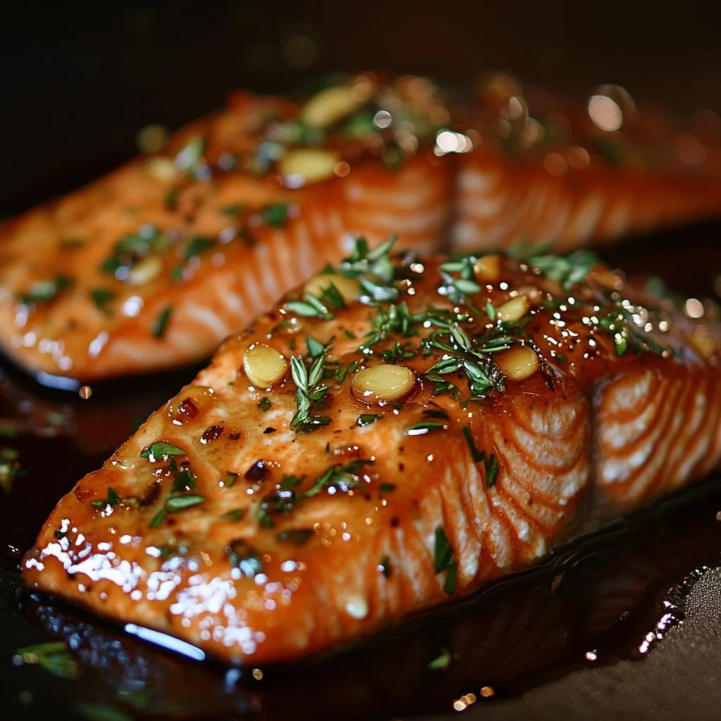 Crispy honey garlic glazed salmon fillet garnished with herbs