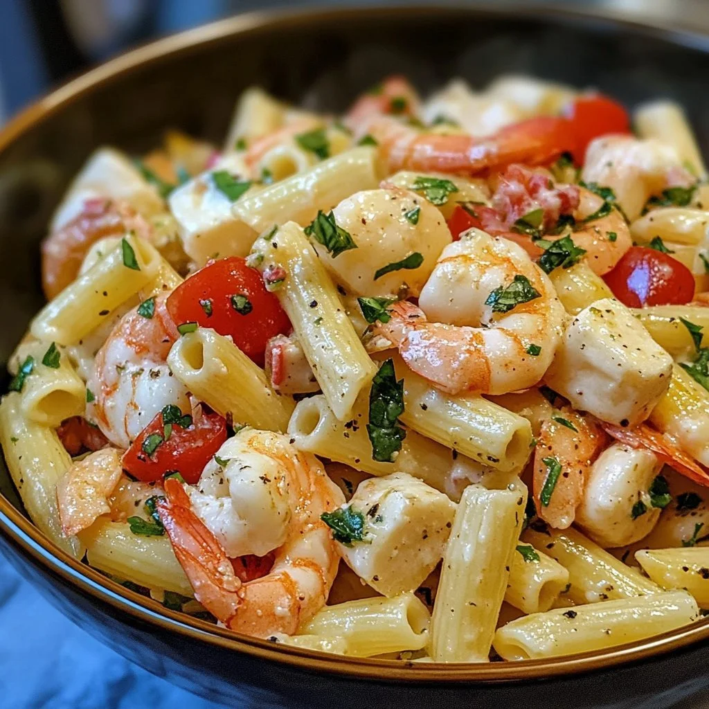 Bowl of easy seafood pasta salad with shrimp, crab, and vegetables