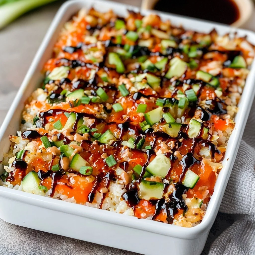 Baked sushi dish topped with seafood and vegetables in a casserole dish